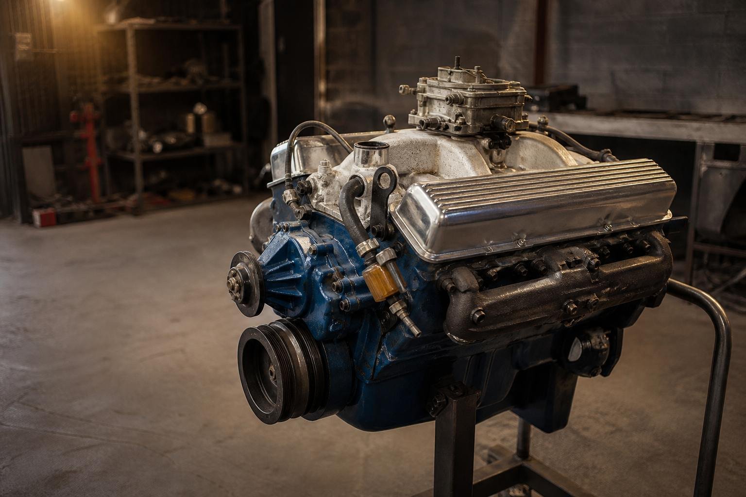 Complete V8 replacement engine on a stand in a dim workshop