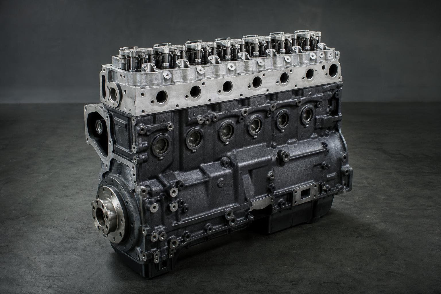 Remanufactured Chevrolet 6.6 liter Duramax L5P diesel long block on a dark studio background