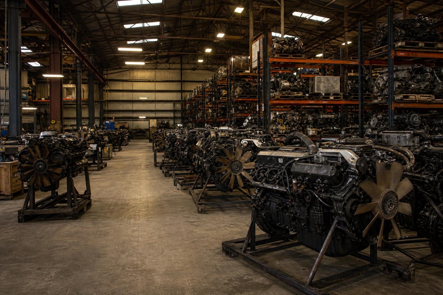 Warehouse aisle with engines on stands and industrial racking